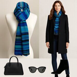 Calvin Klein Striped Scarf – Luxe Jewel-Toned Blues & Black